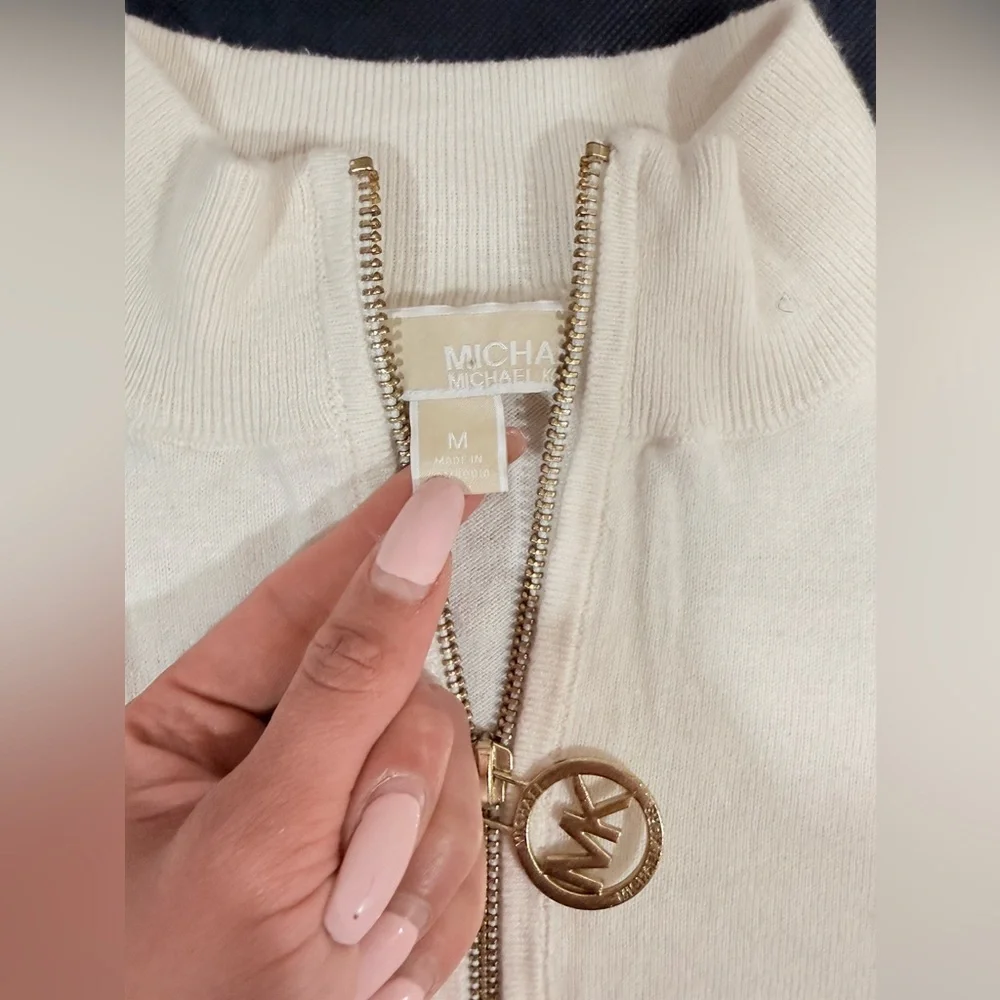 🔥Michael Kors White Half-Zip Pullover Sweater with Logo Pull Size M EC🔥
